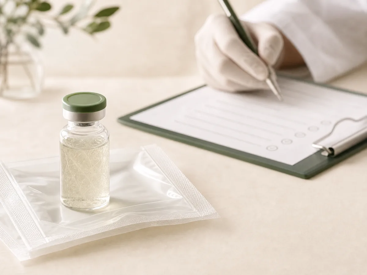 Donor tissue vial and sealed allograft beside a screening checklist