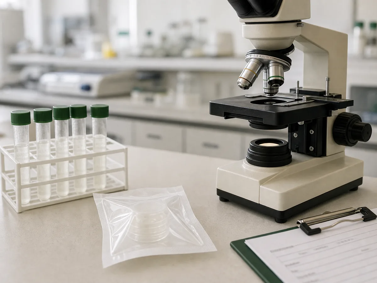 Microscope, capped donor-tissue vials, and a screening clipboard on a lab bench